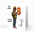 Personalised 8th Birthday Card - Boy Using a Phone with Number Balloon