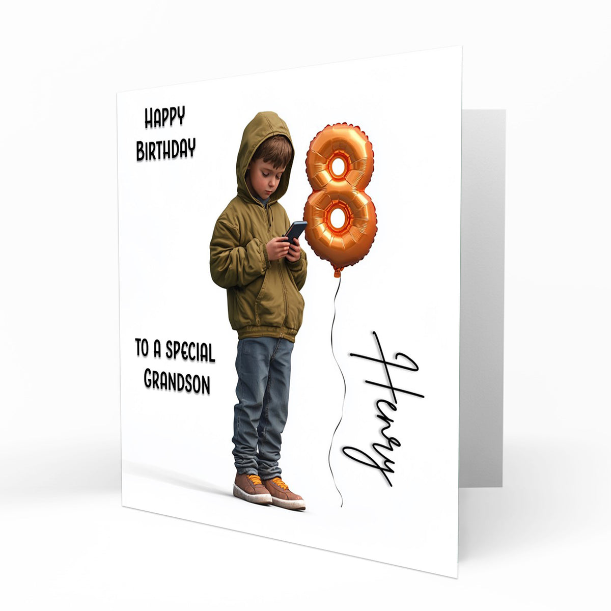 Personalised 8th Birthday Card - Boy Using a Phone with Number Balloon