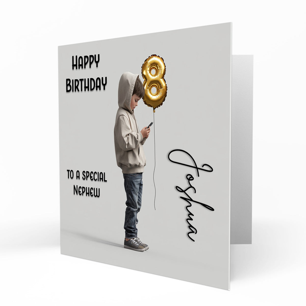 Personalised 8th Birthday Card - Boy Using a Phone with Number Balloon