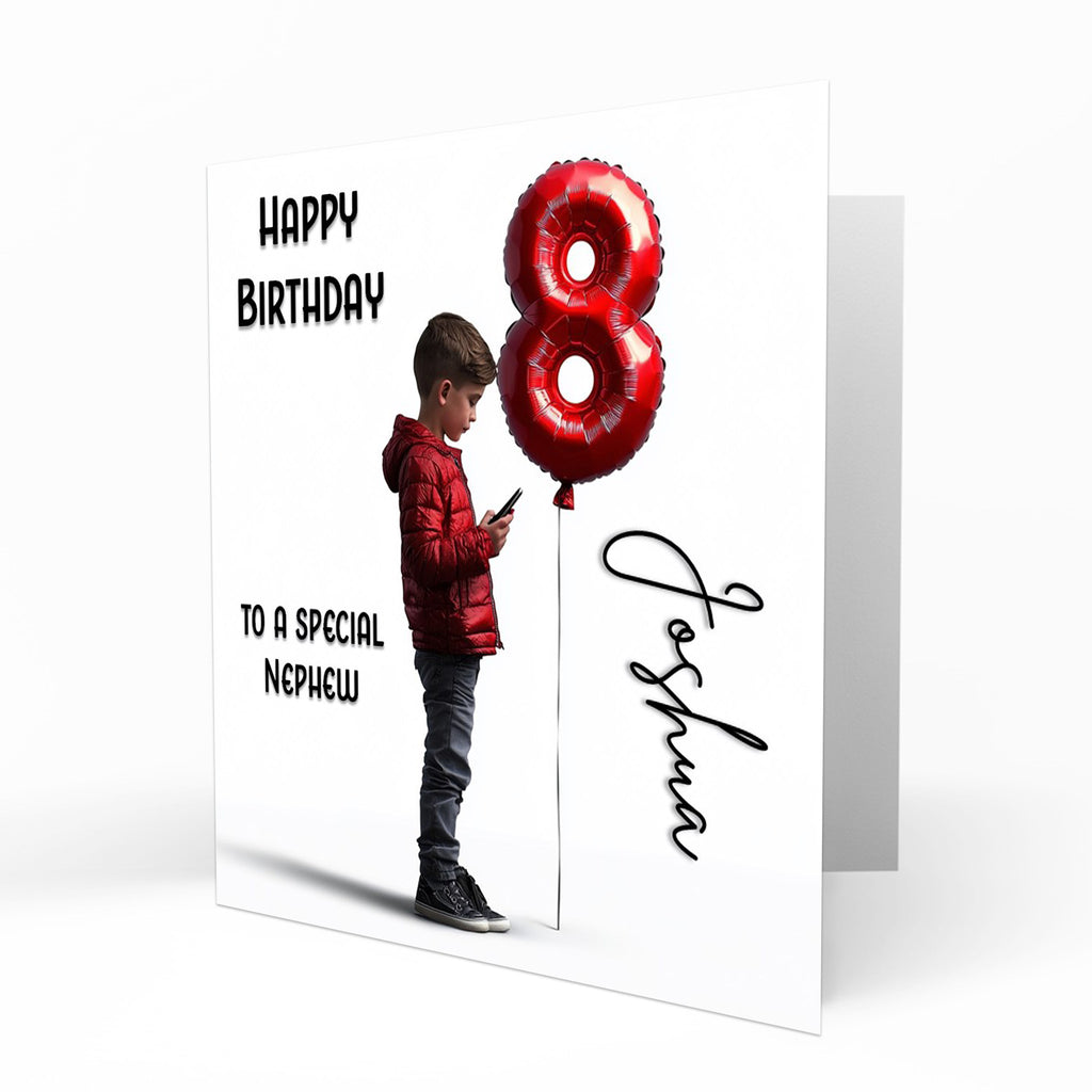 Personalised 8th Birthday Card - Boy Using a Phone with Number Balloon