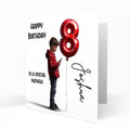 Personalised 8th Birthday Card - Boy Using a Phone with Number Balloon