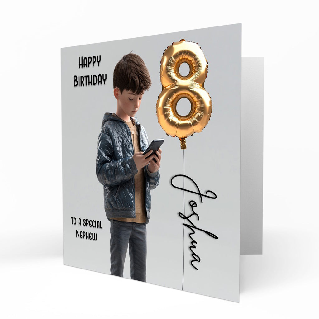 Personalised 8th Birthday Card - Boy Using a Phone with Number Balloon