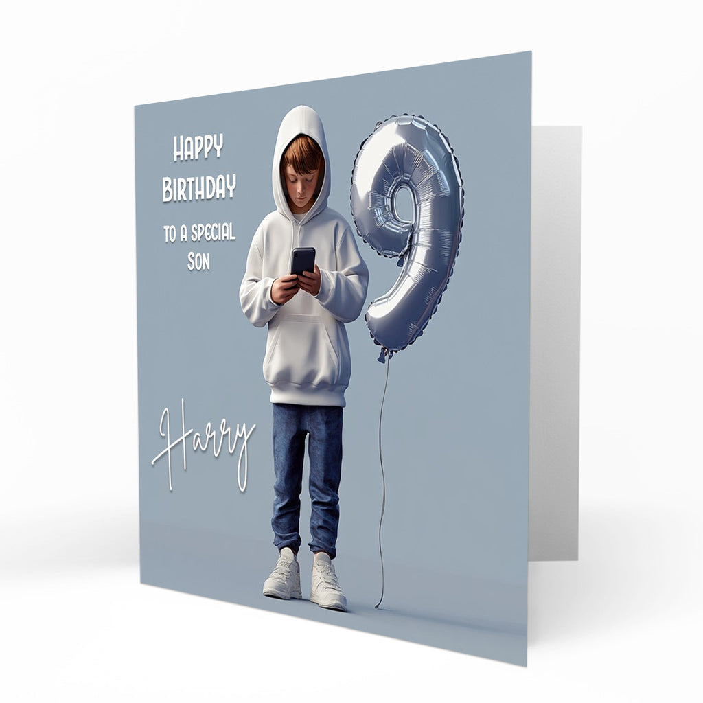 Personalised 9th Birthday Card - Boy Using a Phone with Number Balloon