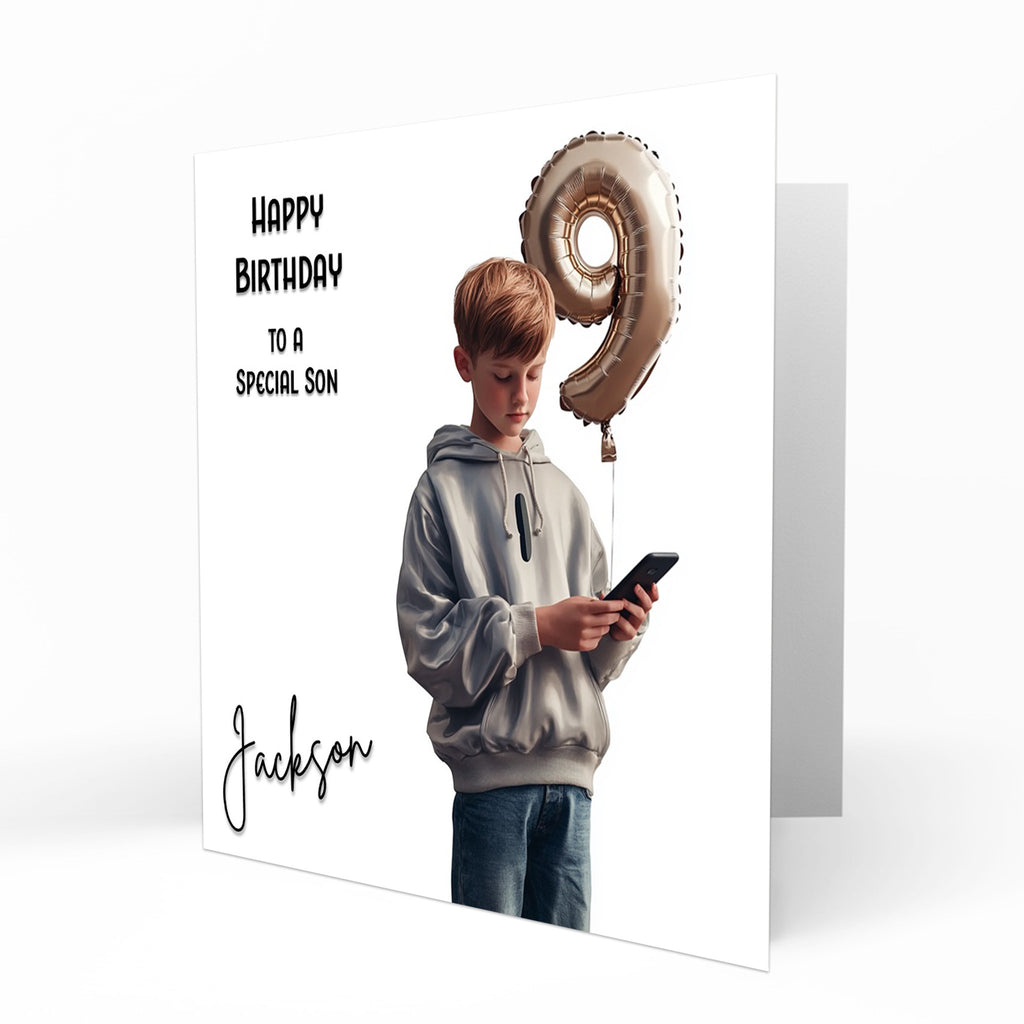 Personalised 9th Birthday Card - Boy Using a Phone with Number Balloon