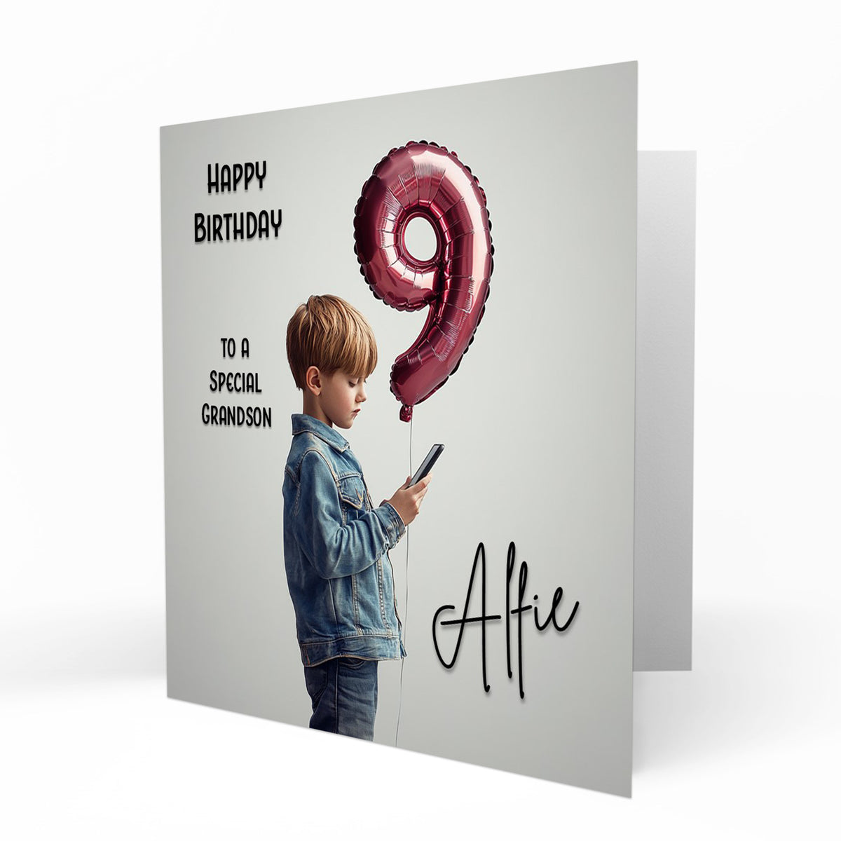 Personalised 9th Birthday Card - Boy with Phone and Number Balloon