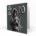 Personalised 10th Birthday Card - Boy Using a Phone with Number Balloon