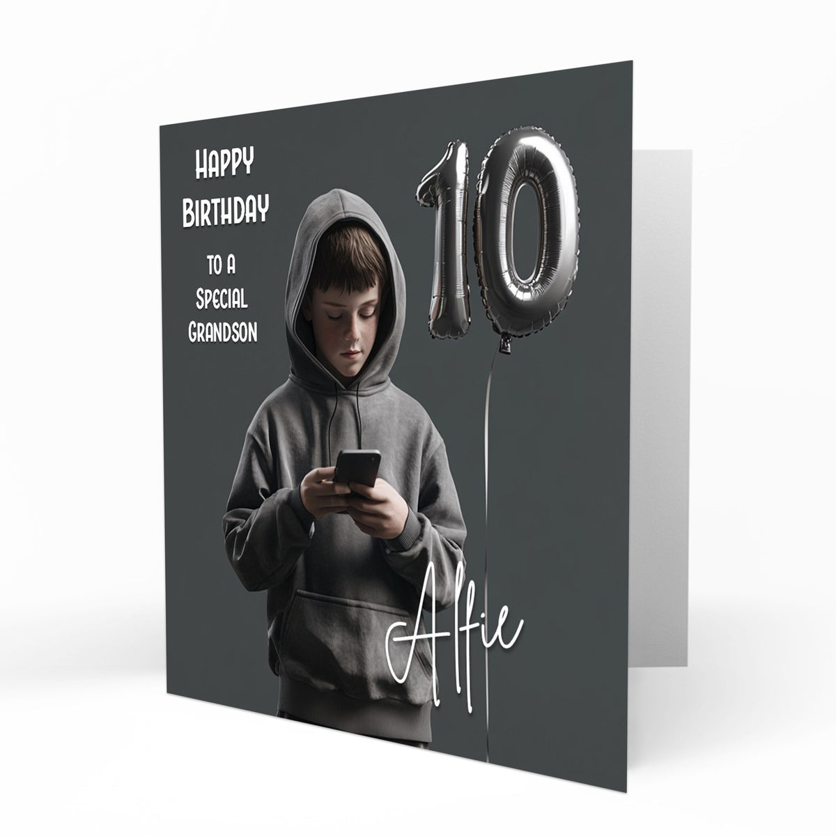 Personalised 10th Birthday Card - Boy Using a Phone with Number Balloon