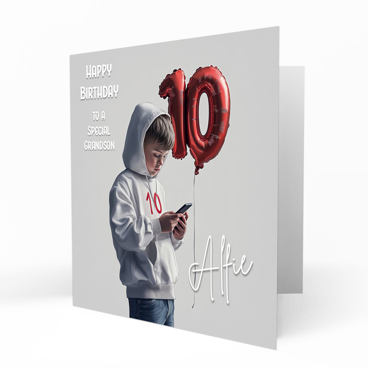 Personalised 10th Birthday Card - Boy Using a Phone with Number Balloon