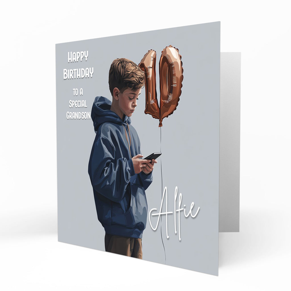 Personalised 10th Birthday Card - Boy Using a Phone with Number Balloon