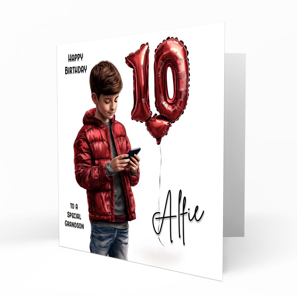 Personalised 10th Birthday Card - Boy Using a Phone with Number Balloon