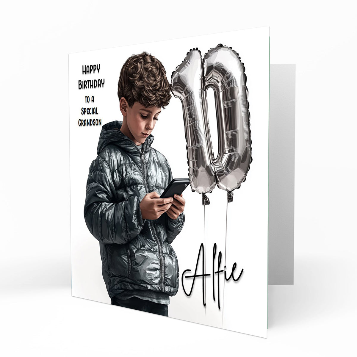 Personalised 10th Birthday Card - Boy Using a Phone with Number Balloon