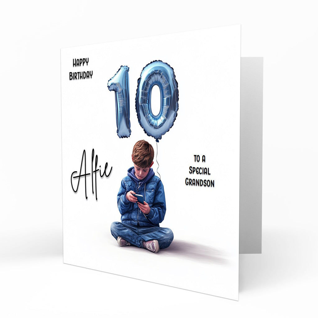 Personalised 10th Birthday Card - Boy Using a Phone with Number Balloon