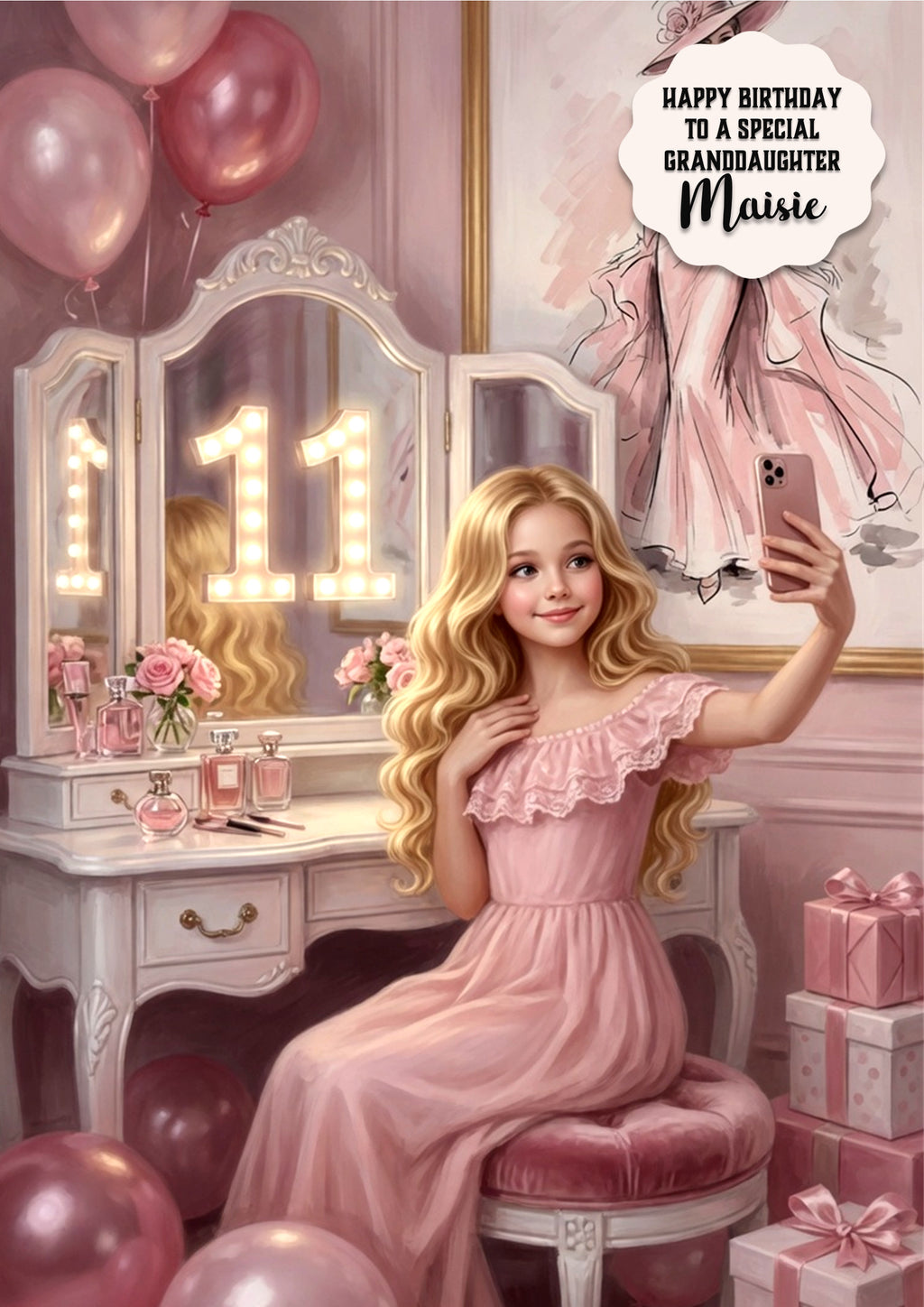 Personalised 11th Birthday Card - Girl at a Dressing Table - Blonde Hair