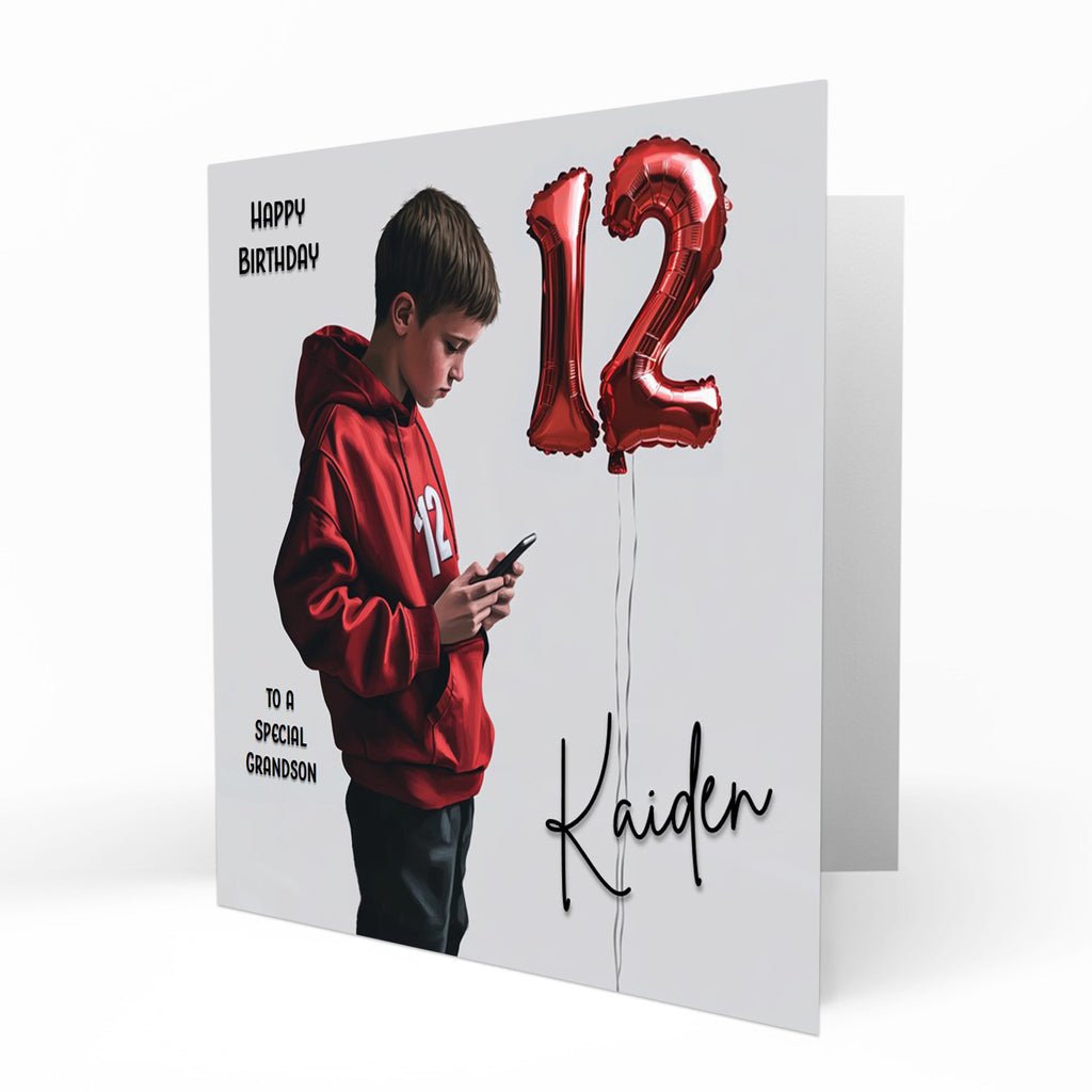 Personalised 12th Birthday Card - Boy Using a Phone with Number Balloon