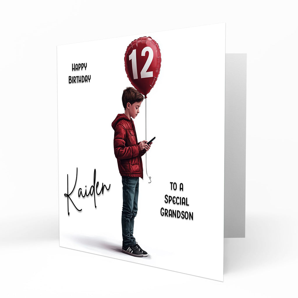 Personalised 12th Birthday Card - Boy Using a Phone with Number Balloon