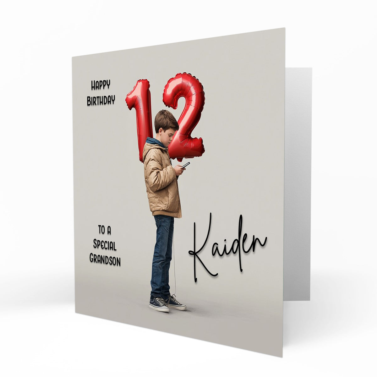 Personalised 12th Birthday Card - Boy with Number Balloons