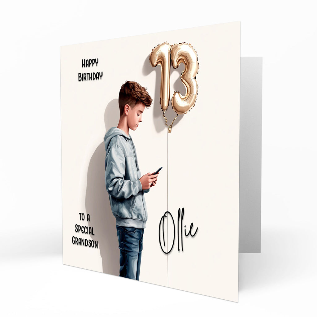 Personalised 13th Birthday Card - Boy Using a Phone with Number Balloon