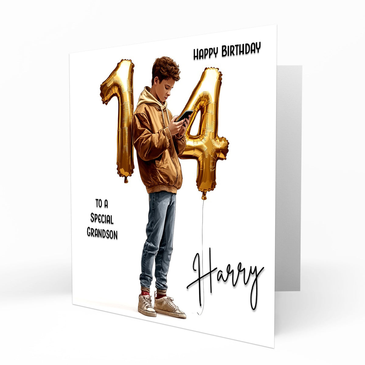 Personalised 14th Birthday Card - Boy Using a Phone with Number Balloon