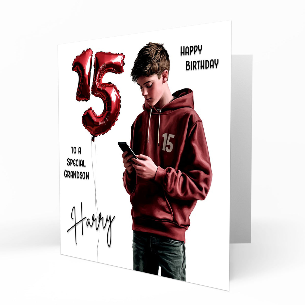 Personalised 15th Birthday Card - Boy Using a Phone with Number Balloon