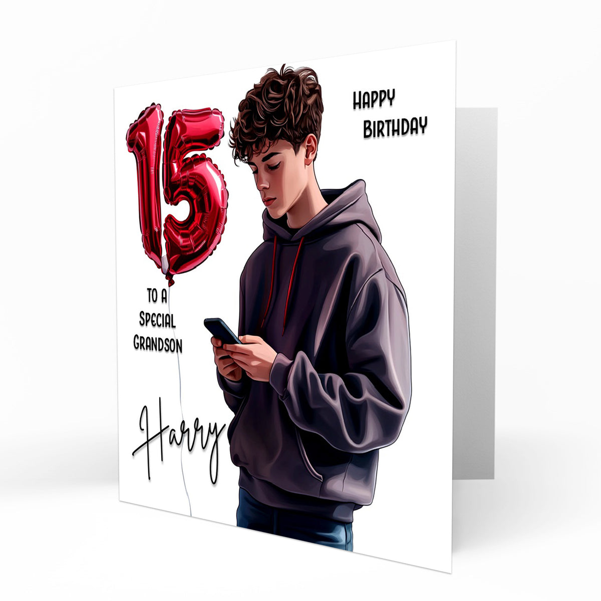 Personalised 15th Birthday Card for Boys, Son, Grandson, Nephew, Friend, Step Son, Godson, Texting On Mobile Phone
