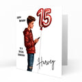Personalised 15th Birthday Card - Boy Using a Phone with Number Balloon