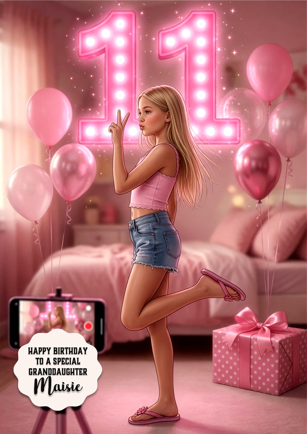 Personalised 11th Birthday Card - Girl Making a Video - Blonde Hair