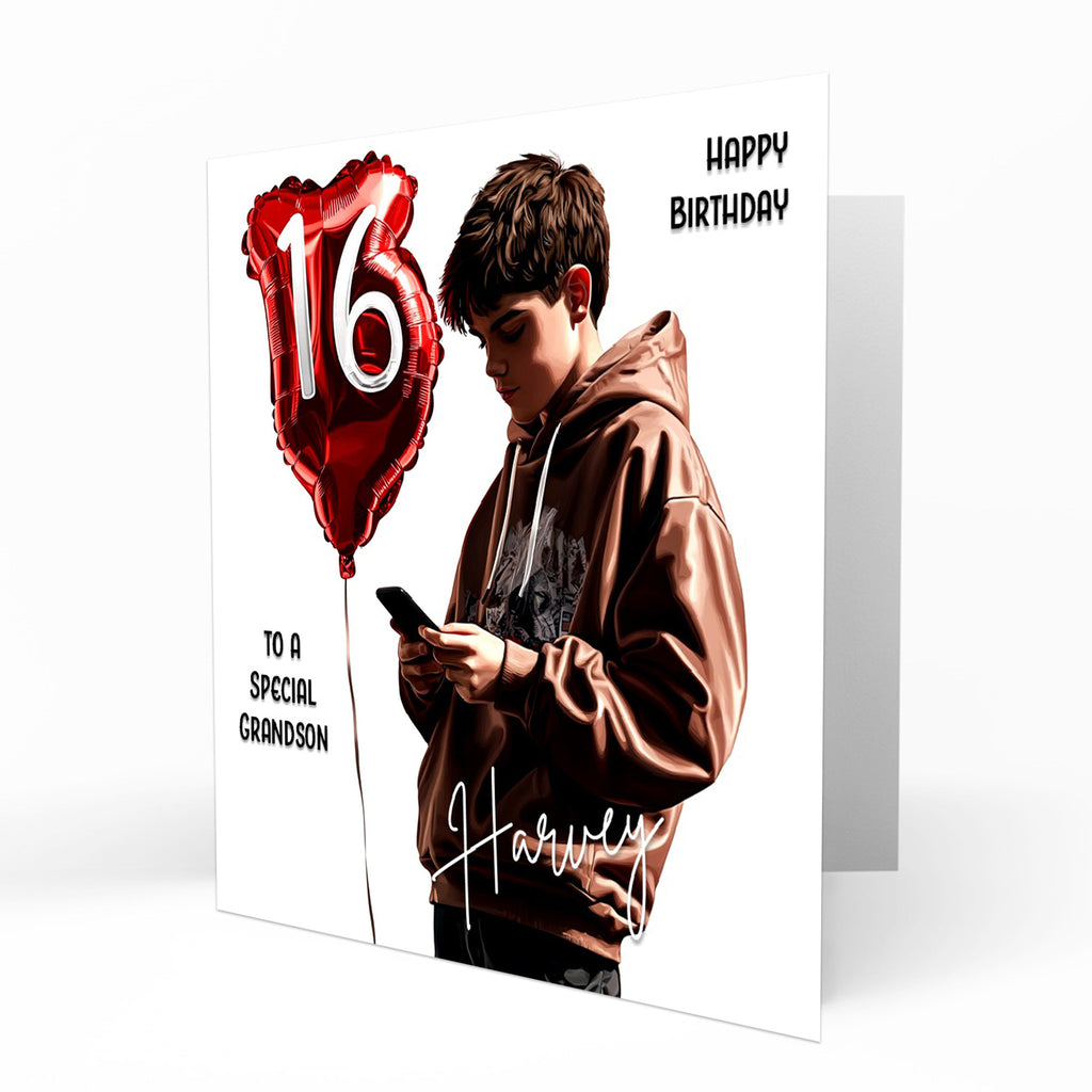 Personalised 16th Birthday Card - Boy Using a Phone with Number Balloon