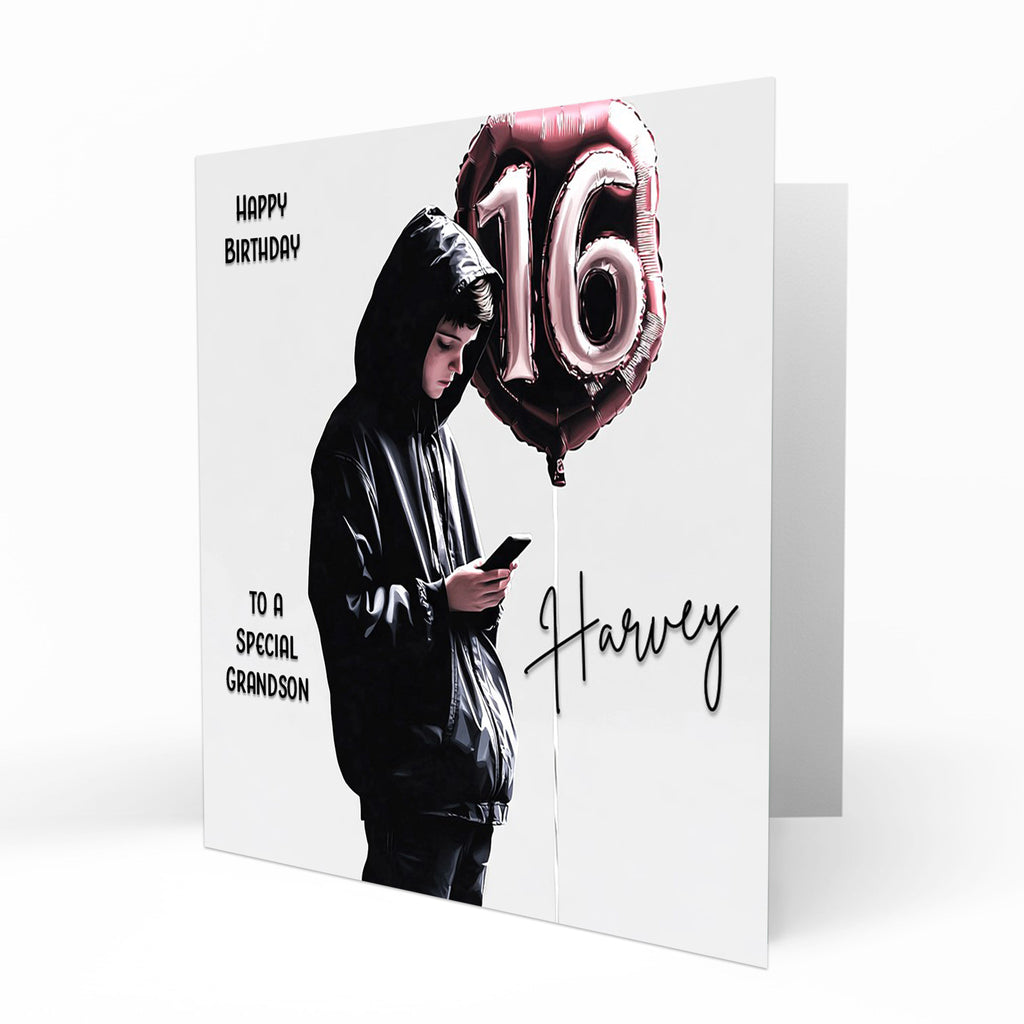 Personalised 16th Birthday Card - Boy Using a Phone with Number Balloon