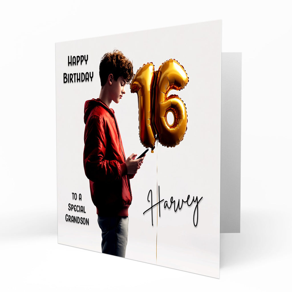 Personalised 16th Birthday Card - Boy Using a Phone with Number Balloon