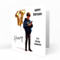 Personalised 17th Birthday Card - Boy Using a Phone with Number Balloon