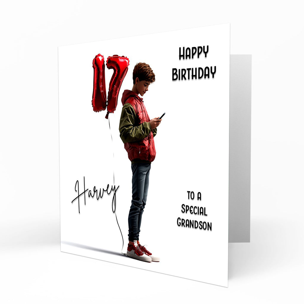 Personalised 17th Birthday Card - Boy Using a Phone with Number Balloon