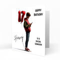 Personalised 17th Birthday Card - Boy Using a Phone with Number Balloon