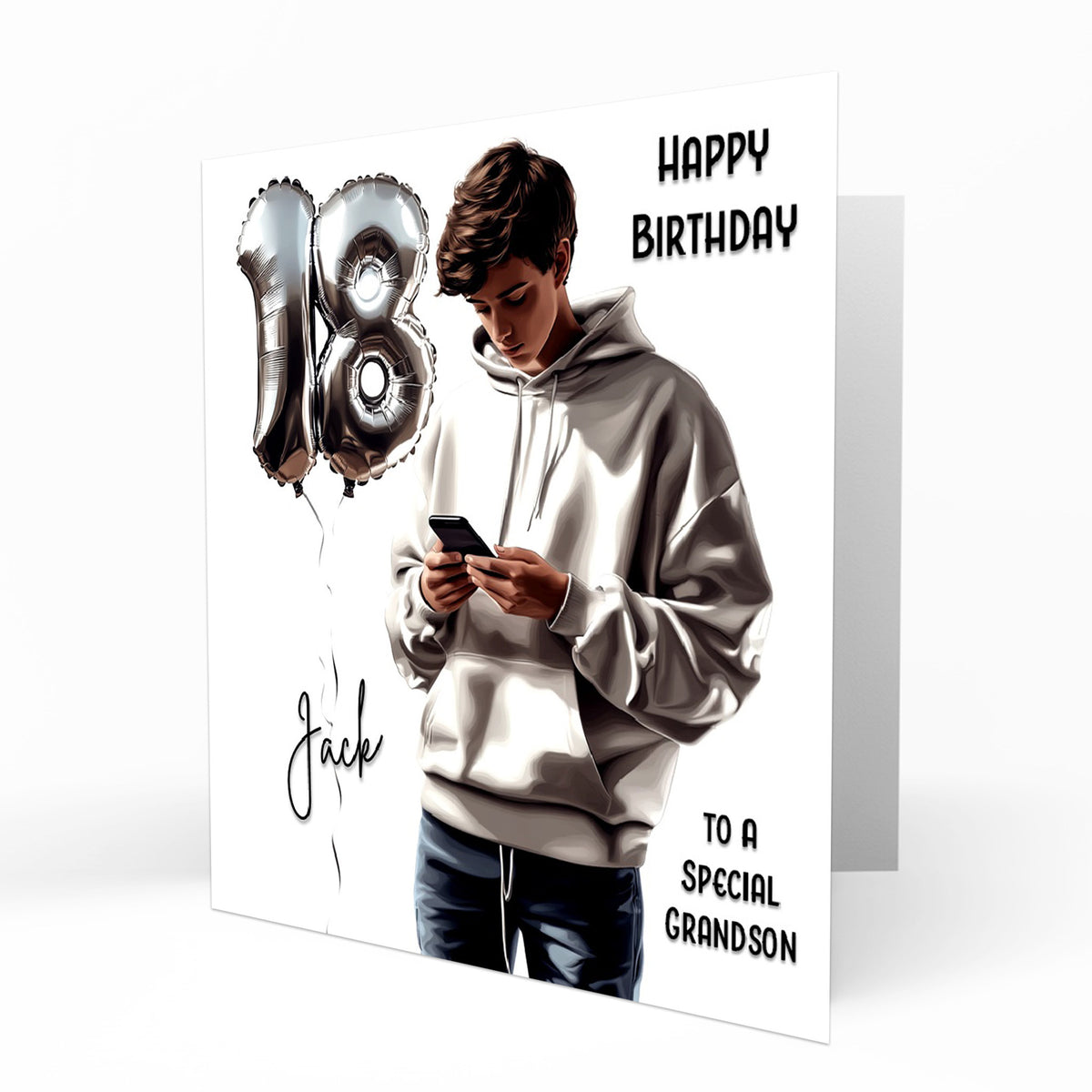 Personalised 18th Birthday Card - Boy Using a Phone with Number Balloon