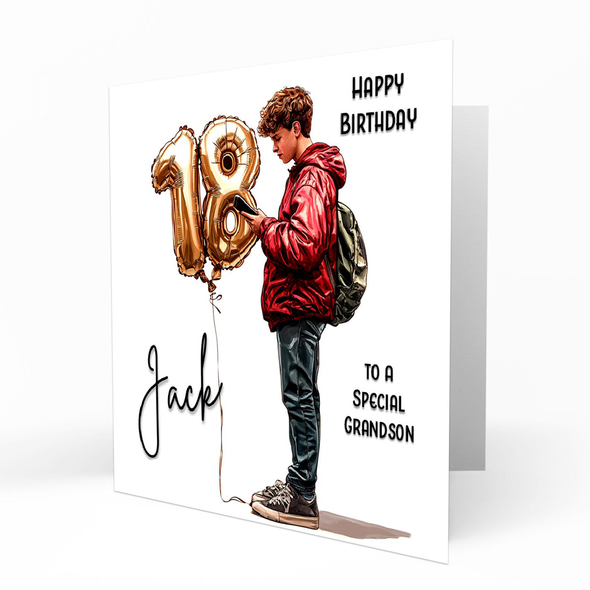 Personalised 18th Birthday Card - Boy Using a Phone with Number Balloon
