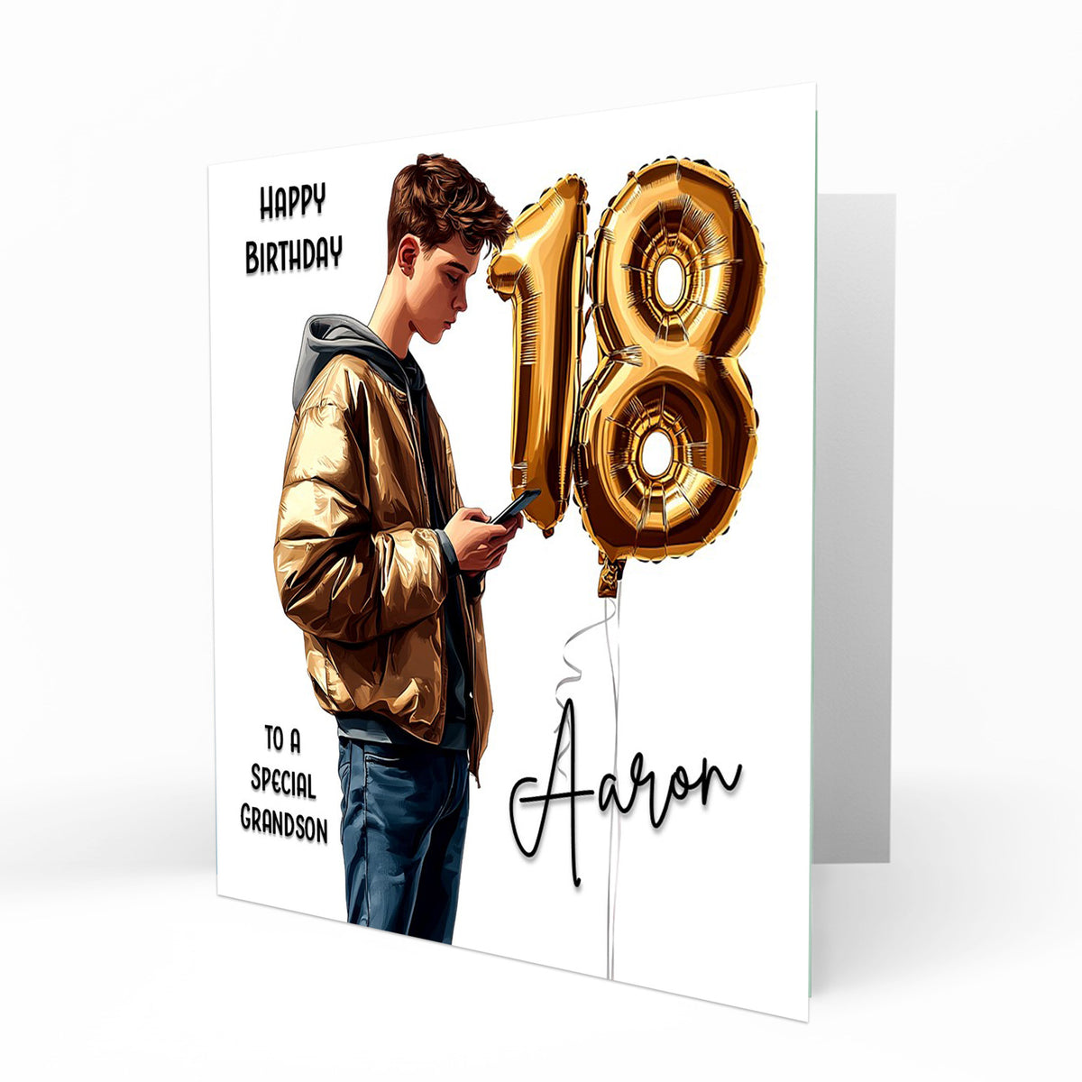 Personalised 18th Birthday Card - Boy Using a Phone with Number Balloon