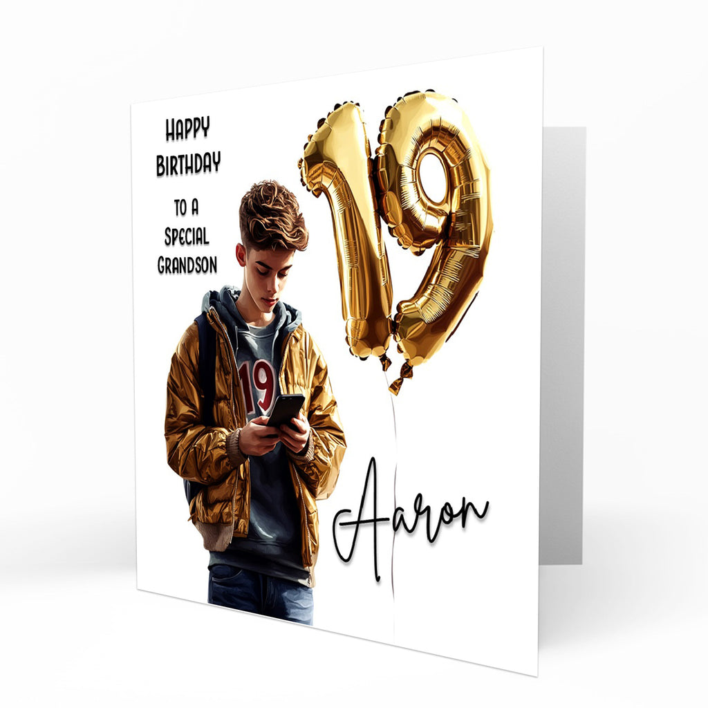 Personalised 19th Birthday Card - Boy Using a Phone with Number Balloon