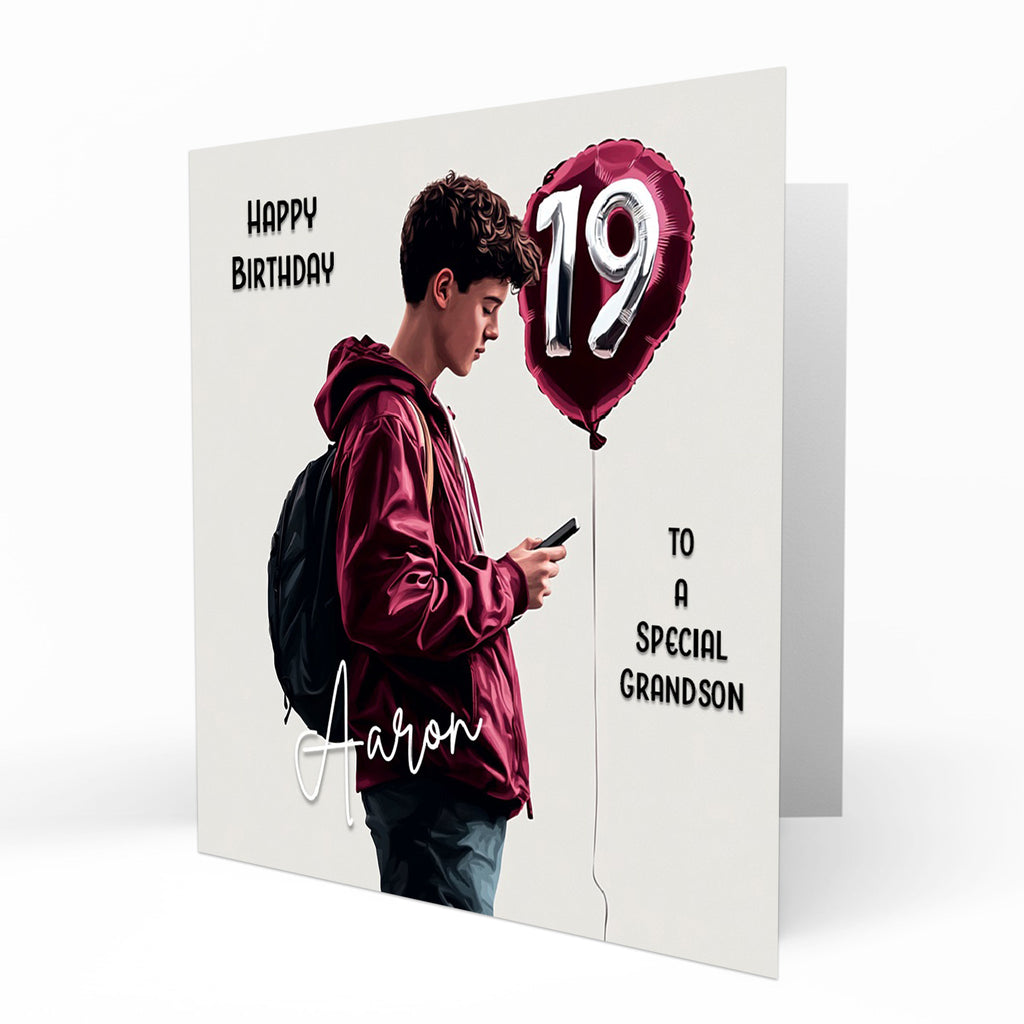 Personalised 19th Birthday Card - Boy Using a Phone with Number Balloon