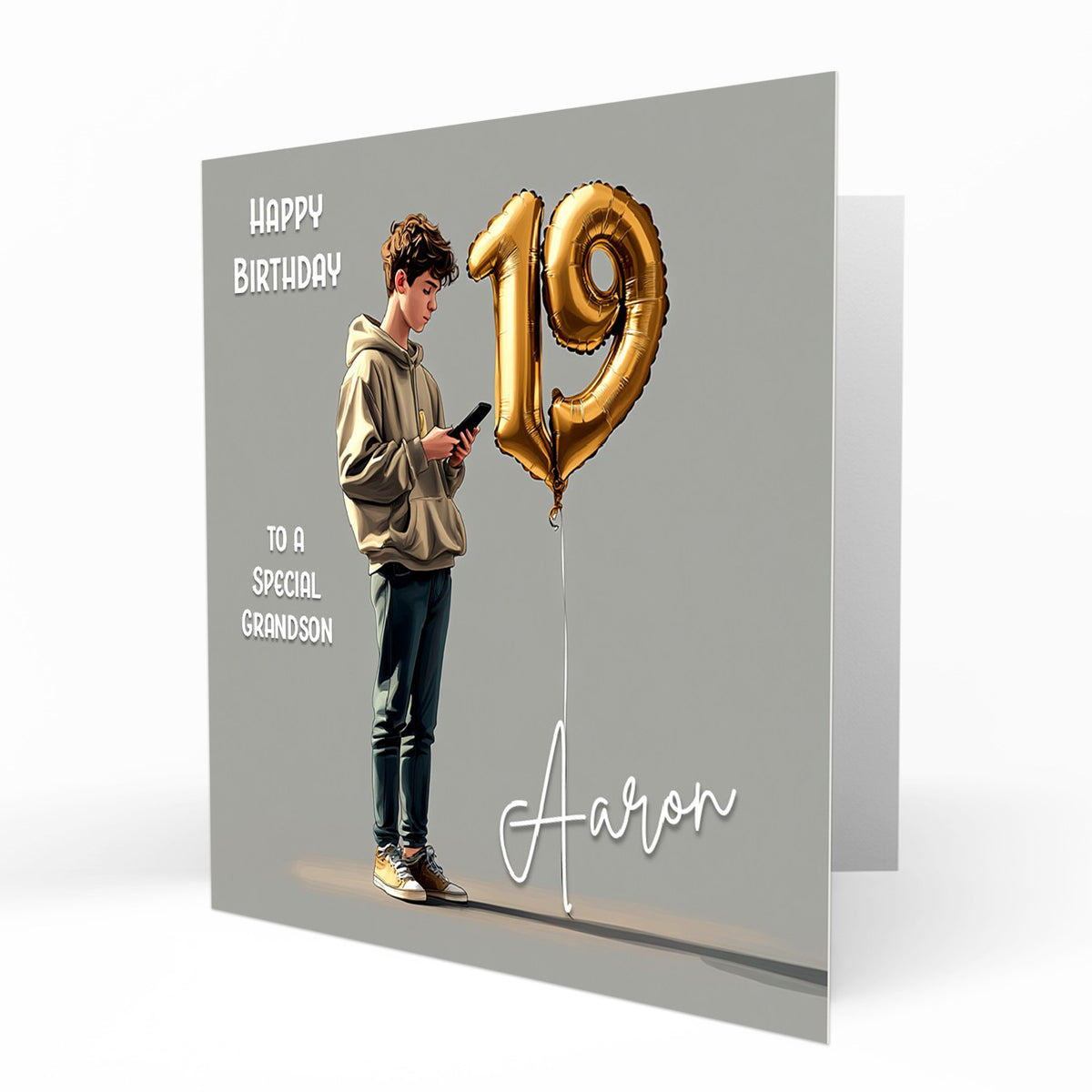 Personalised 19th Birthday Card - Boy Using a Phone with Number Balloon