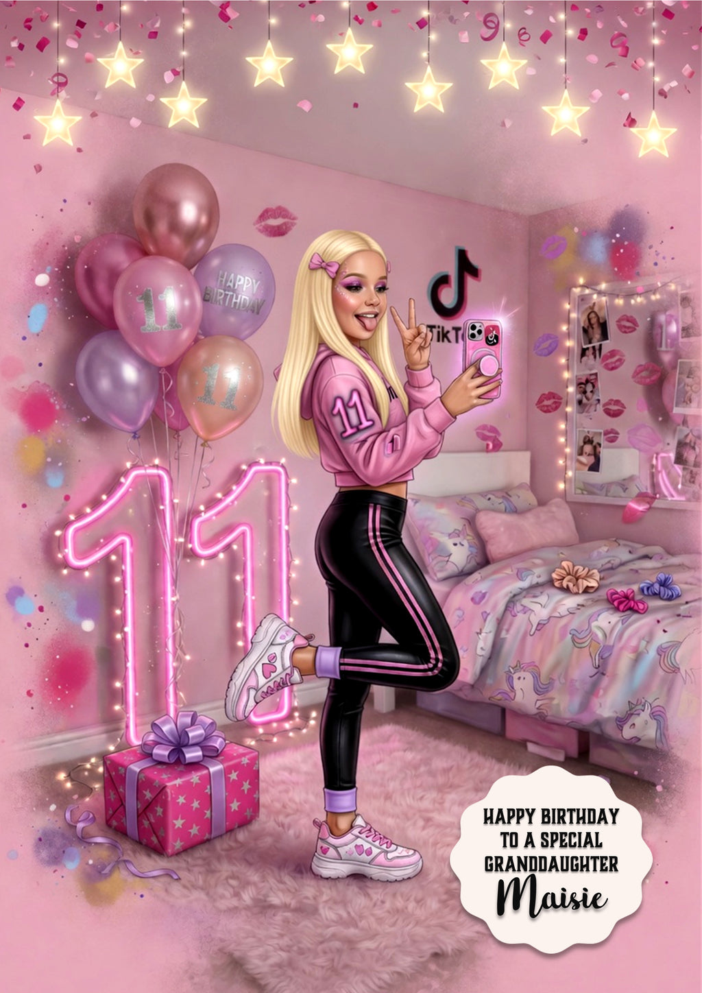 11th Birthday Card Posing Girl, Granddaughter, Daughter,  Large A5 Size