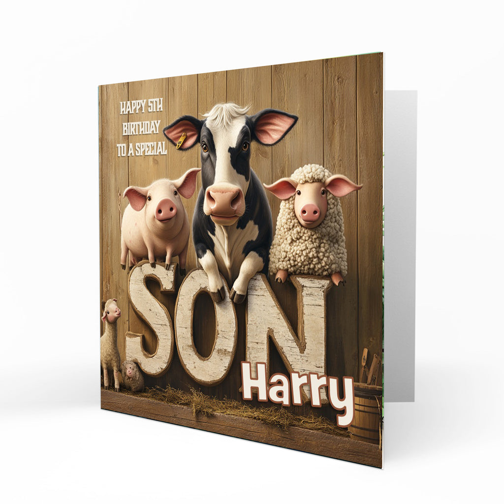 Personalised Birthday Card for Son Farm Animals, Sheep, Pig, Cow
