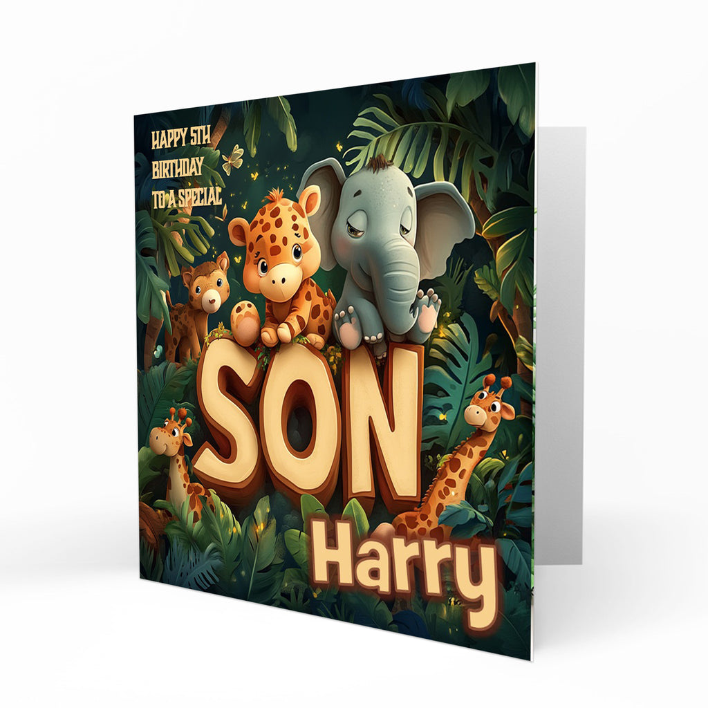 Personalised Birthday Card for Son, Safari Animals, Lion, Giraffe, Elephant