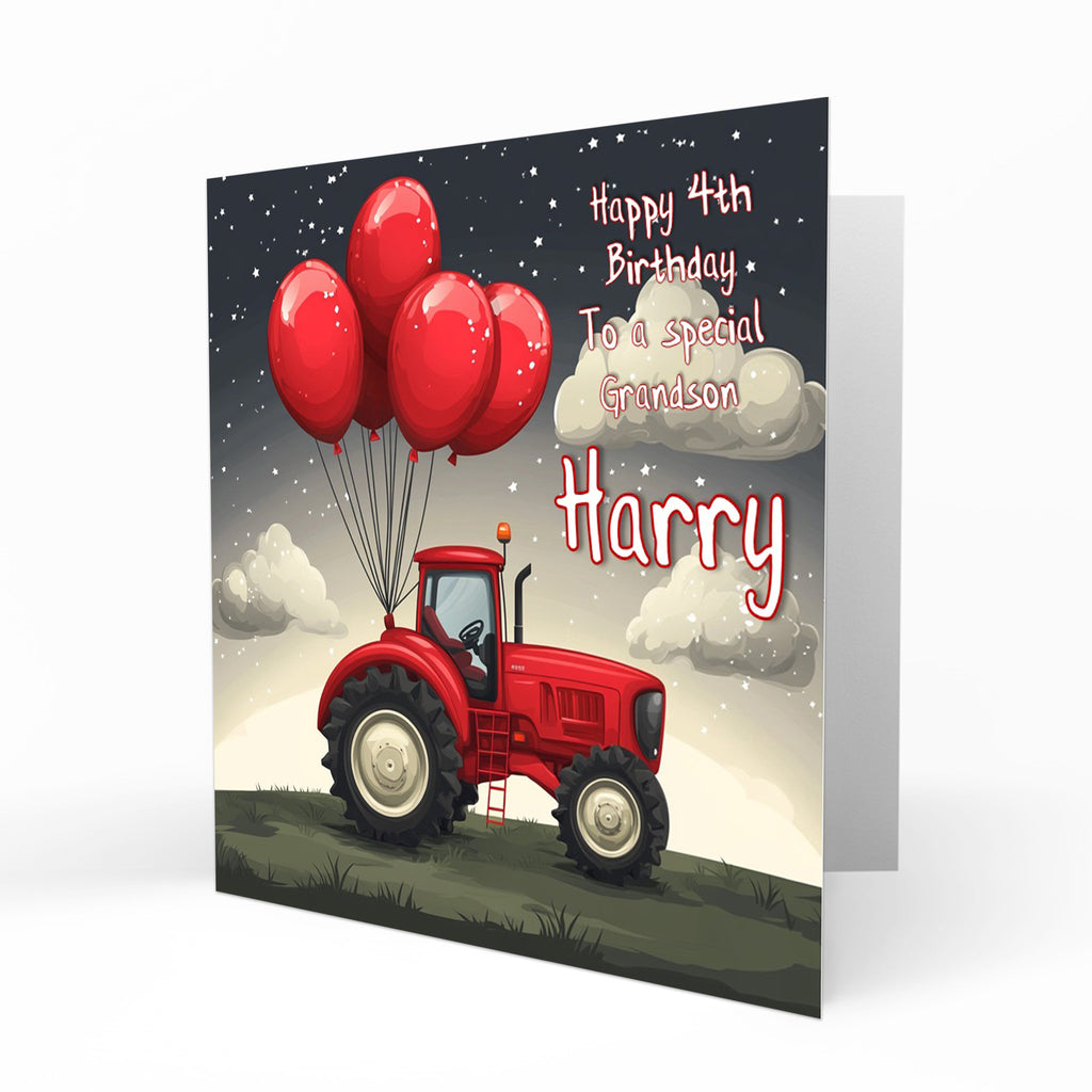 Personalised Birthday Card - Red Tractor with Balloons
