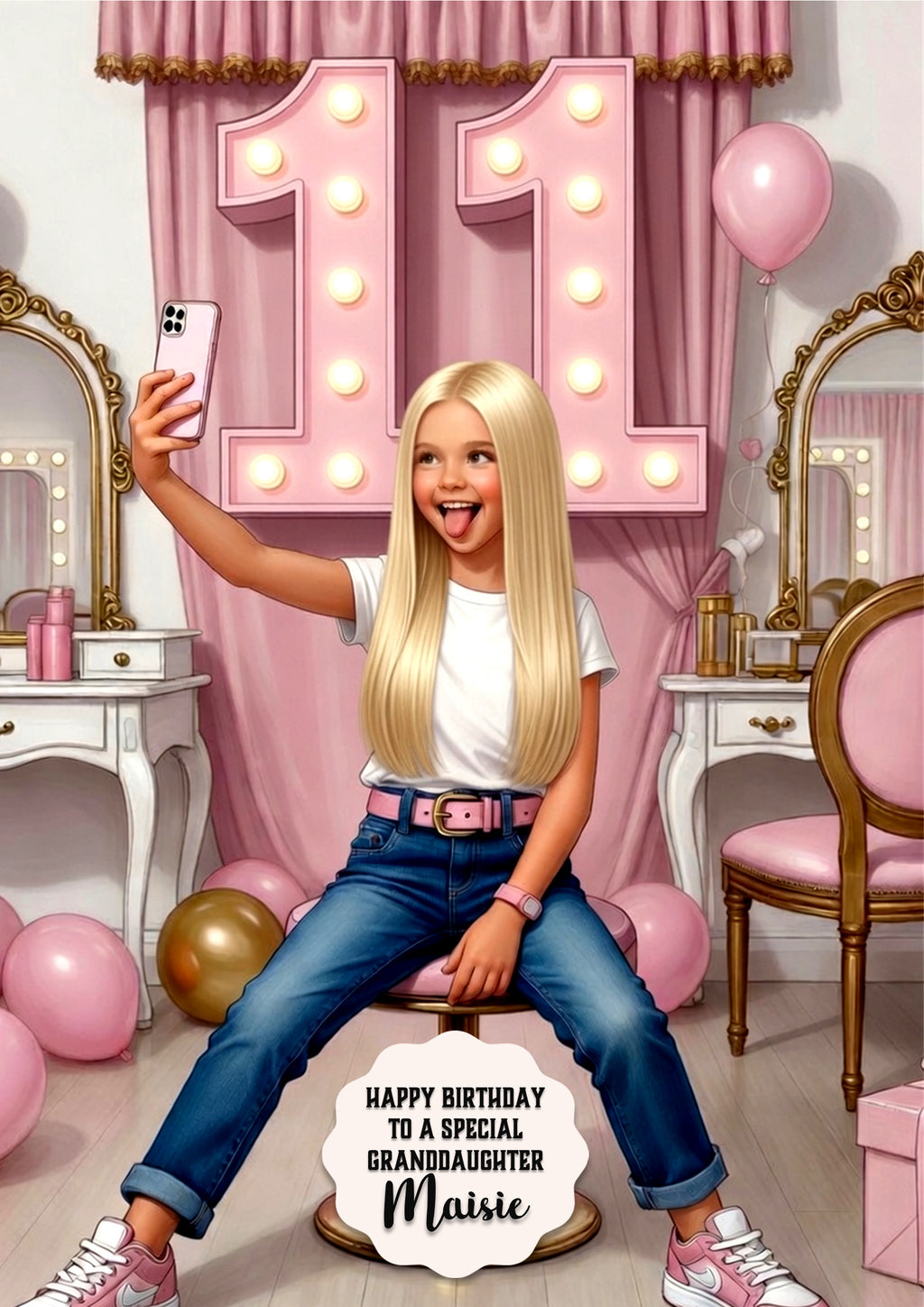 Personalised 11th Birthday Card - Girl at a Dressing Table - Blonde Hair