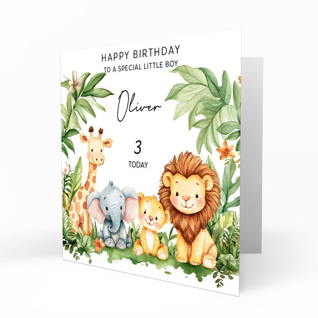 Personalised Birthday Card for Boys, Son, Grandson, Nephew, Dad, Godson, Jungle, Safari Animals, Elephant, Giraffe Lion