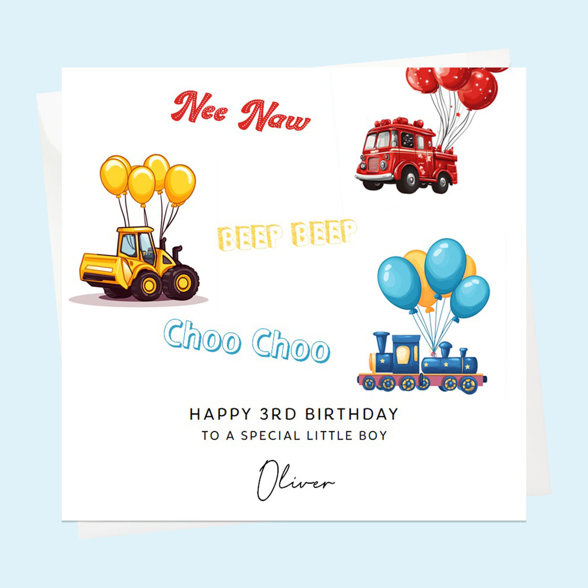 Personalised Birthday Card - Fire Engine, Tractor and Train
