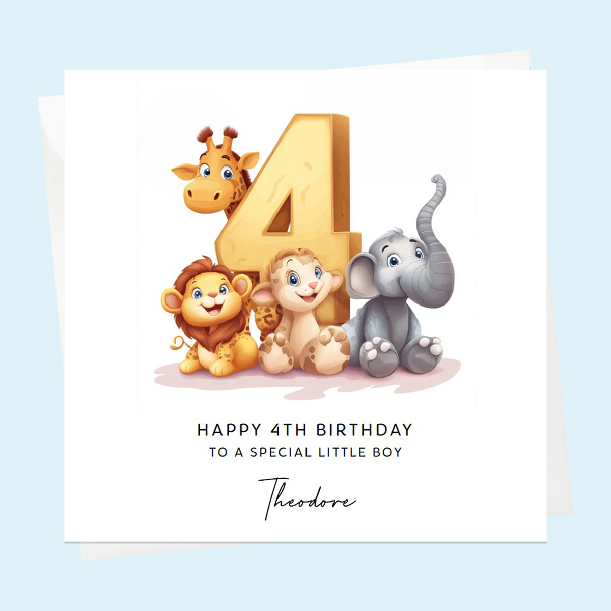 Personalised 4th Birthday Card for Boys or Girls, Son, Daughter, Garndson, Granddaughter, Niece, Nephew, Safari Jungle Animals