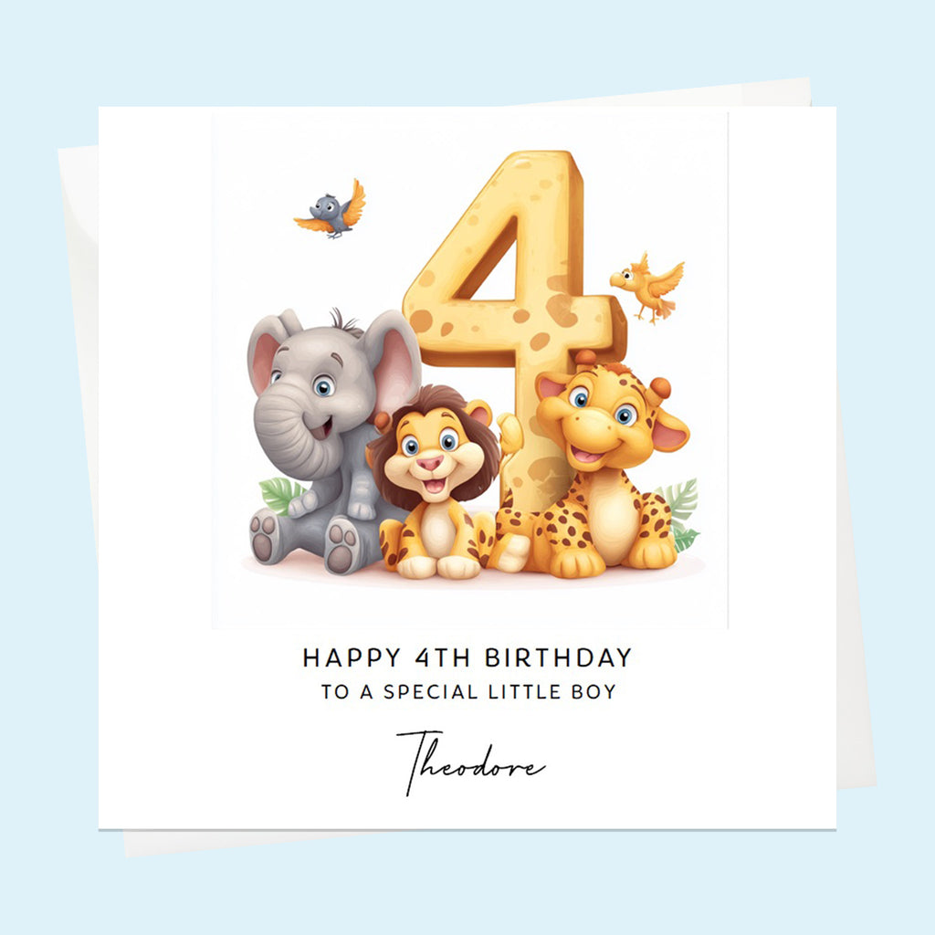 Personalised 4th Birthday Card for Boys or Girls, Son, Daughter, Garndson, Granddaughter, Niece, Nephew, Safari Jungle Animals