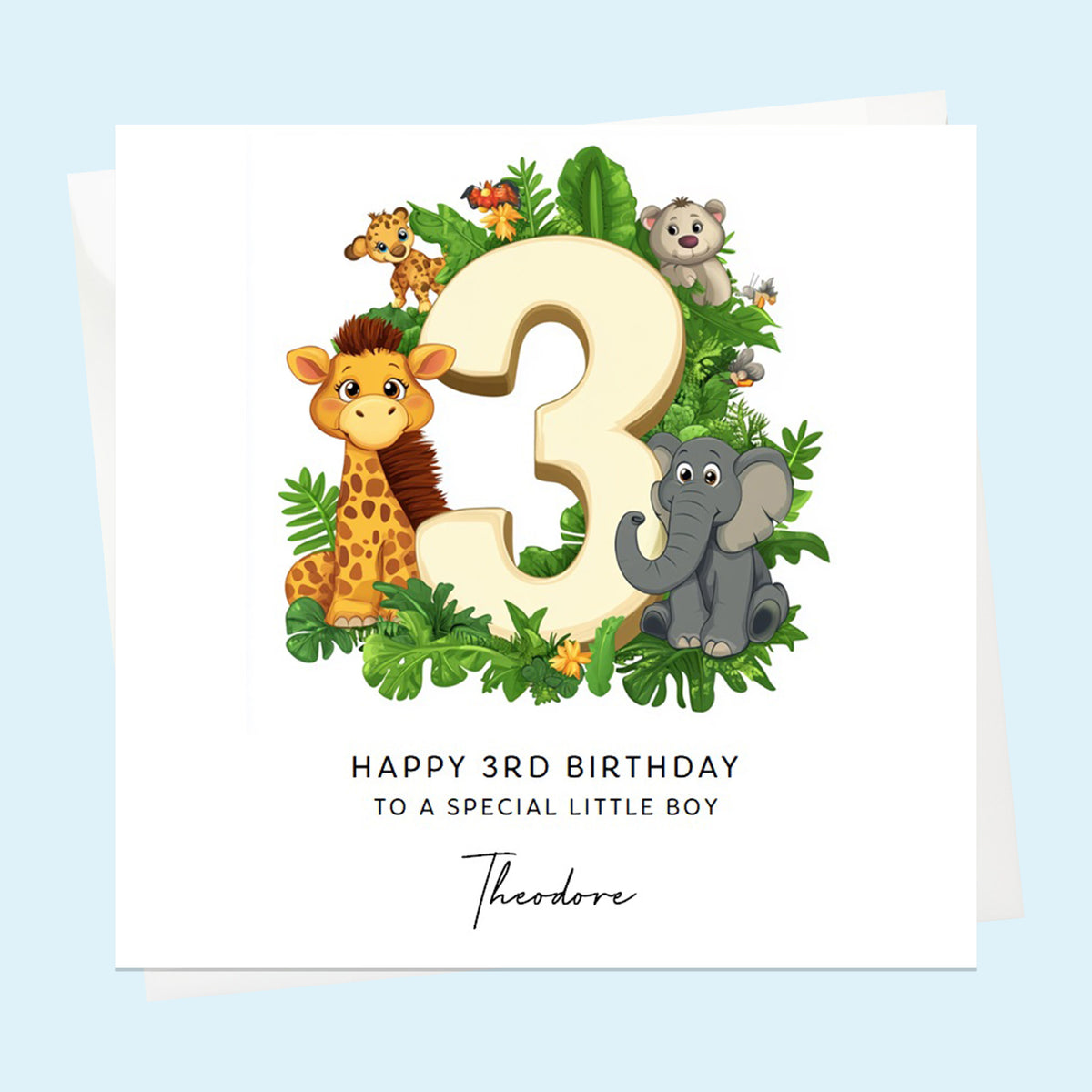 Personalised 3rd Birthday Card for Boys or Girls, Son, Daughter, Garndson, Granddaughter, Niece, Nephew, Safari Jungle Animals