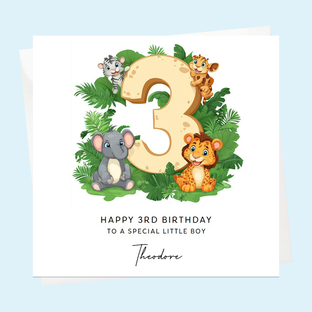 Personalised 3rd Birthday Card for Boys or Girls, Son, Daughter, Garndson, Granddaughter, Niece, Nephew, Safari Jungle Animals