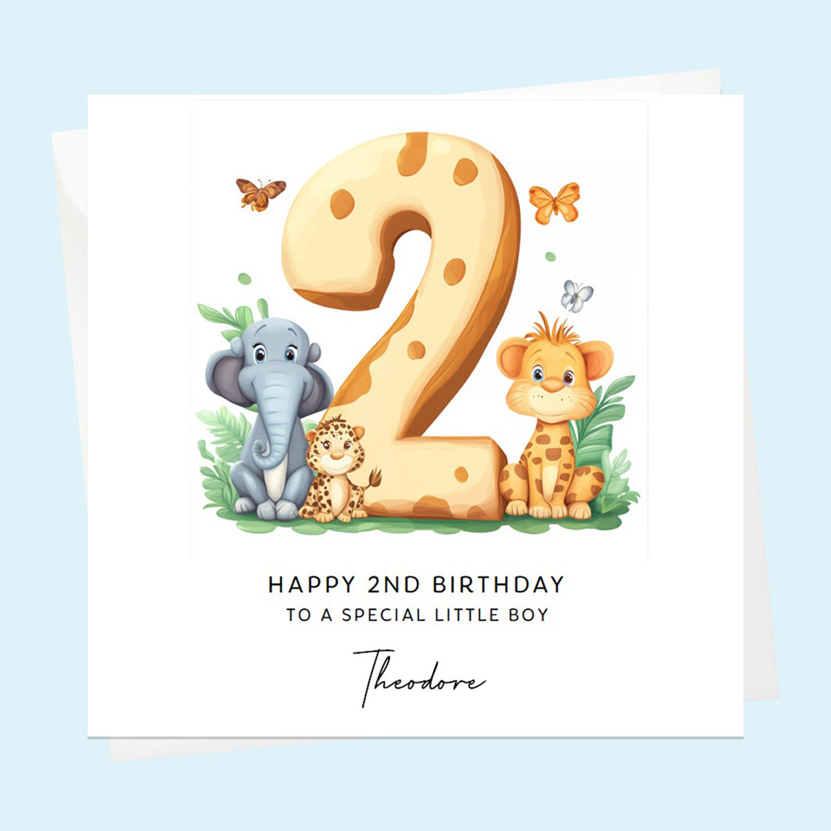 Personalised 2nd Birthday Card for Boys or Girls, Son, Daughter, Garndson, Granddaughter, Niece, Nephew, Safari Jungle Animals